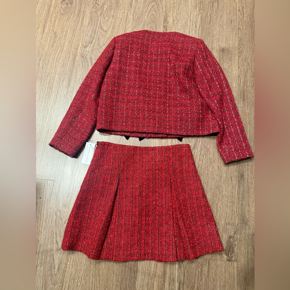 Moon River Red Plaid Crop Jacket & Mini Skirt Suit Set w/ Ribbon | Size S | NWT - Picture 6 of 8